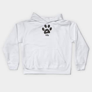 Lily name made of hand drawn paw prints Kids Hoodie